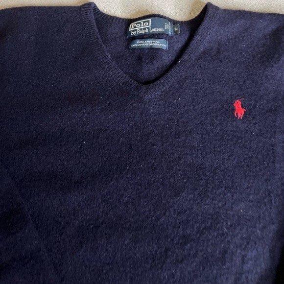 Polo Ralph Lauren Sweater Size Large L Lamb's Wool V-Neck Blue - Picture 1 of 14